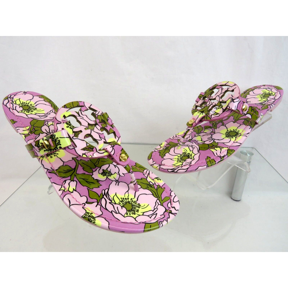 TORY BURCH MILLER BOLD FLOWERS PATENT LEATHER REVA FLATS THONG SLIDES SANDALS 8